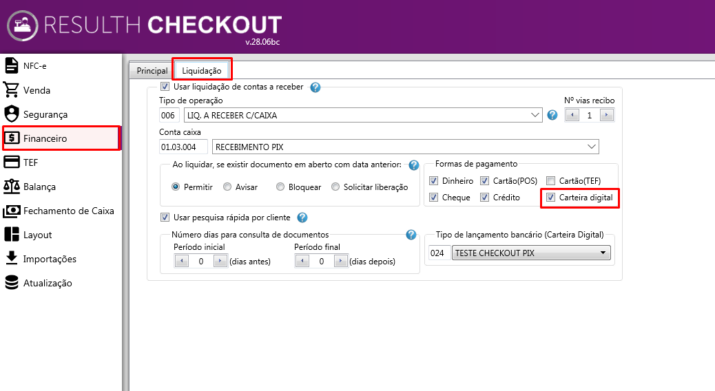 Imagem 1: Demonstração de como marcar a opção Cart. Digital na sub-aba Liquidação.