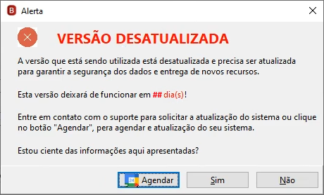 Janela do novo alerta de versão desatualizada